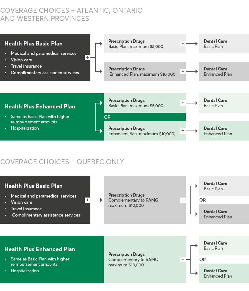 COVERAGE CHOICES – ATLANTIC, ONTARIO AND WESTERN PROVINCES.  Health Plus Basic Plan.   Medical and paramedical services.   Vision care.   Travel insurance.  Complimentary assistance services.   PLUS  Prescription Drugs Basic Plan, maximum $5,000 PLUS Dental Care Basic Plan.  OR  Prescription Drugs Enhanced Plan, maximum $10,000 PLUS Dental Care Enhanced Plan.  Health Plus Enhanced Plan.   Same as Basic Plan with higher reimbursement amounts.   Hospitalization.   PLUS  Prescription Drugs Basic Plan, maximum $5,000 PLUS Dental Care Basic Plan.  OR  Prescription Drugs Enhanced Plan, maximum $10,000 PLUS Dental Care Enhanced Plan.  COVERAGE CHOICES – QUEBEC ONLY.  Health Plus Basic Plan.   Medical and paramedical services.   Vision care.   Travel insurance.   Complimentary assistance services.   PLUS  Prescription Drugs Complementary to RAMQ, maximum $10,000.  PLUS  Dental Care Basic Plan.  OR  Dental Care Enhanced Plan.  Health Plus Enhanced Plan.   Same as Basic Plan with higher reimbursement amounts.   Hospitalization.   PLUS  Prescription Drugs Complementary to RAMQ, maximum $10,000.  PLUS  Dental Care Basic Plan.  OR  Dental Care Enhanced Plan.