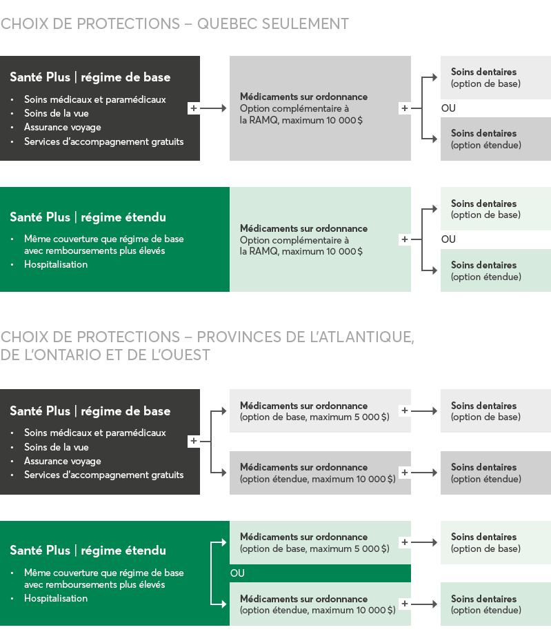 CHOIX DE PROTECTIONS – QUÉBEC SEULEMENT.  Santé Plus | régime de base.  Soins médicaux et paramédicaux :  Soins de la vue.  Assurance voyage.   Services d’accompagnement gratuits.   PLUS  Médicaments sur ordonnance Option complémentaire à la RAMQ, maximum 10 000 $.  PLUS  Soins dentaires (option de base)  OU  Soins dentaires (option étendue).  Santé Plus | régime étendu.   Même couverture que régime de base avec remboursements plus élevés.   Hospitalisation.   Médicaments sur ordonnance Option complémentaire à la RAMQ, maximum 10 000 $.  PLUS  Soins dentaires (option de base)  OU  Soins dentaires (option étendue).  CHOIX DE PROTECTIONS – PROVINCES DE L’ATLANTIQUE, DE L’ONTARIO ET DE L’OUEST.  Santé Plus | régime de base.  Soins médicaux et paramédicaux:   Soins de la vue.   Assurance voyage.   Services d’accompagnement gratuits.   PLUS  Médicaments sur ordonnance (option de base, maximum 5 000 $) PLUS Soins dentaires (option de base).  OU   Médicaments sur ordonnance (option étendue, maximum 10 000 $) PLUS Soins dentaires (option étendue).  Santé Plus | régime étendu   Même couverture que régime de base avec remboursements plus élevés.   Hospitalisation.   PLUS  Médicaments sur ordonnance (option de base, maximum 5 000 $) PLUS Soins dentaires (option de base).  OU   Médicaments sur ordonnance (option étendue, maximum 10 000 $) PLUS Soins dentaires (option étendue).
